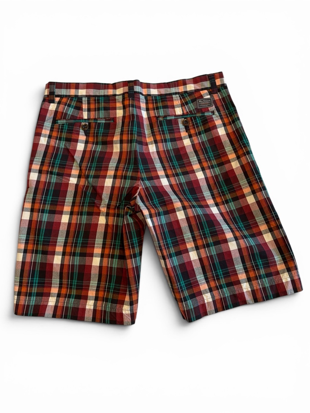 Ben Sherman Plaid Flat-Front Shorts in Burgundy, Teal & White - Picture 2 of 6